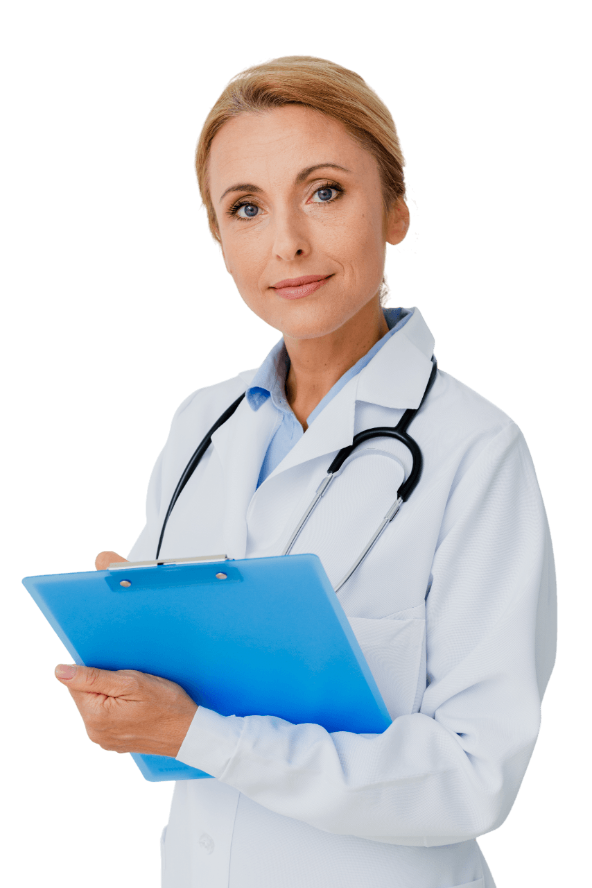 Lekarka trzymająca niebieski clipboard