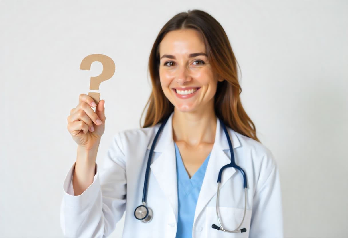 Uśmiechnięta lekarka trzyma znak zapytania – sekcja FAQ o L4 online i telekonsultacji