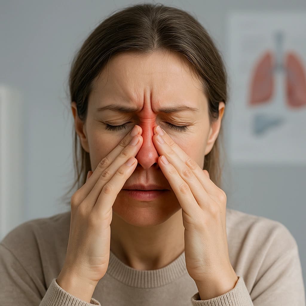 Kobieta trzymająca palce na nasadzie nosa, odczuwająca ból zatok i ucisk w okolicy twarzy