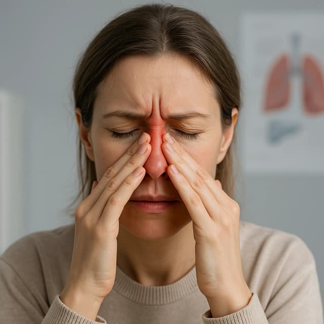 Kobieta trzymająca palce na nasadzie nosa, odczuwająca ból zatok i ucisk w okolicy twarzy